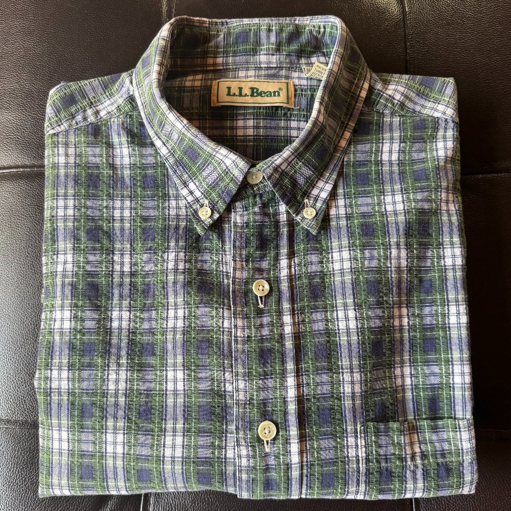 Vintage LL Bean Mens Shirt Blue Green Plaid 100% Cotton S/S Button Down Size L